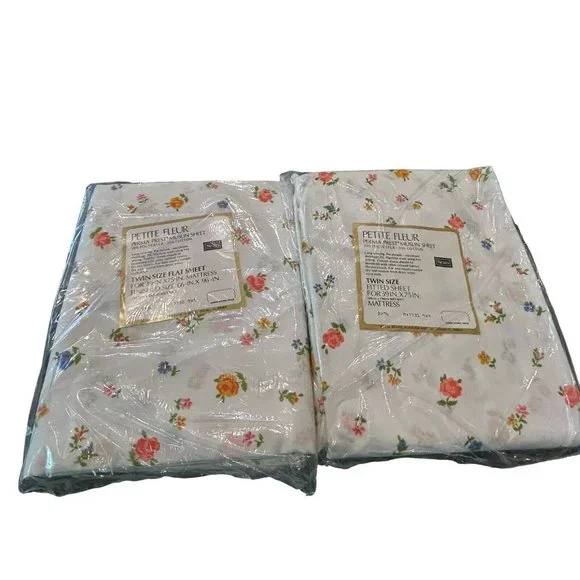 NOS Vintage Sears Perma Press Fine Muslin Twin Flat & Fitted Sheets Floral